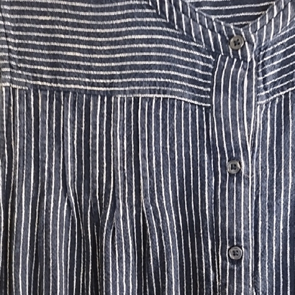 Navy & White Stripe Linen Blend Button Down Shirt Dress Ruffle Hem Knee Length - Picture 12 of 14